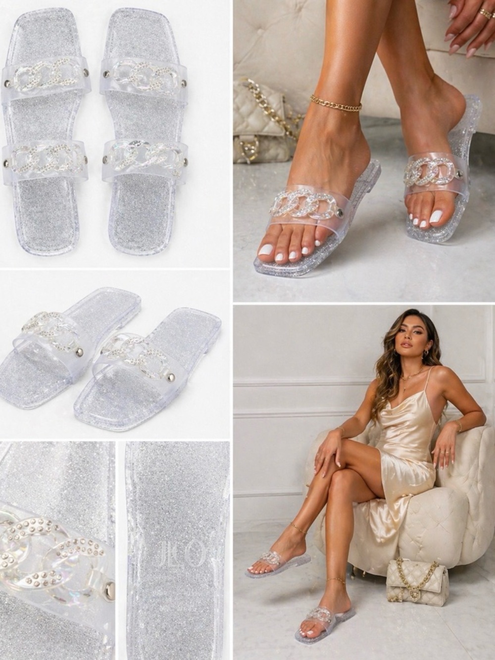JLO Clear Glitter Slide Sandals Chain Strap Luxury Summer Size 10